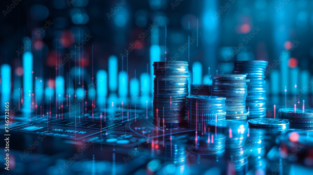 Poster stacks of coins with a backdrop of glowing blue digital graphs and circuitry, symbolizing the inters