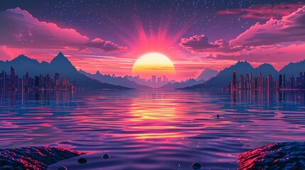 3d tropical sunset with island and palm trees. Ocean and neon sun in synthwave and new retrowave aesthetics 80s 90s - obrazy, fototapety, plakaty