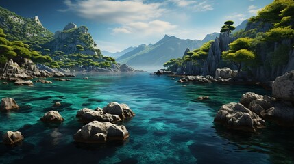 casetta caldera, italian coast, in the style of dark turquoise and light turquoise, nature-inspired imagery, 32k uhd, symbolist themes, transavanguardia - obrazy, fototapety, plakaty