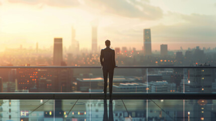 Fototapeta na wymiar A man in a suit stands with his back to the camera, overlooking a vibrant city skyline at dusk.