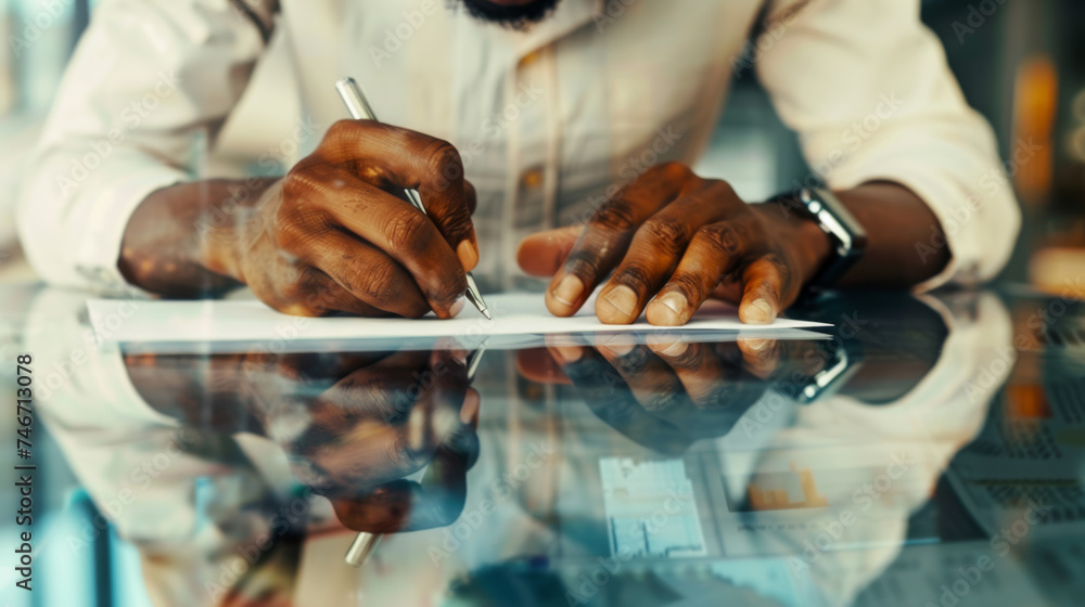 Poster a person is signing a document on a glass table, a close-up shot emphasizing the action of commitmen
