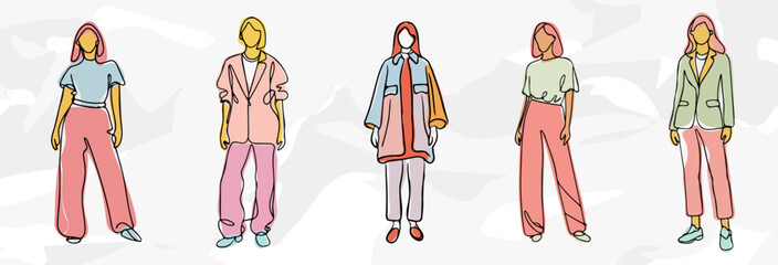 Anonyme Frauen in Oversize Pastellfarbener Kleidung: Lineart Vektorgrafik-Bündel - obrazy, fototapety, plakaty