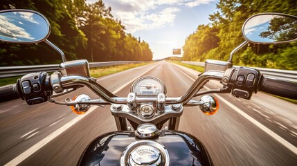 Motorcycle speeding on highway at sunset, perspective from rider on an exhilarating journey. - obrazy, fototapety, plakaty