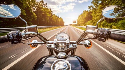Naklejka premium Motorcycle speeding on highway at sunset, perspective from rider on an exhilarating journey.