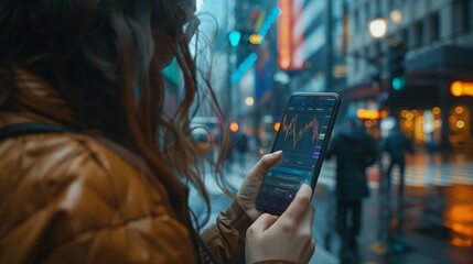 Businessman Holding Smartphone and Checking Stock and Cryptocurrency Market in city background.Businessperson using Internet with Mobile Phone Device. Over Shoulder Shot