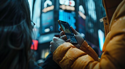 Businessman Holding Smartphone and Checking Stock and Cryptocurrency Market in city background.Businessperson using Internet with Mobile Phone Device. Over Shoulder Shot