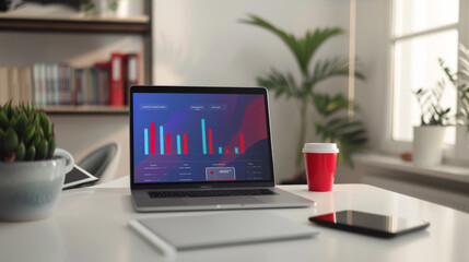 A laptop displaying charts and graphs on a wooden desk with a red coffee mug, smartphone, tablet, and pen, symbolizing a professional work environment.
