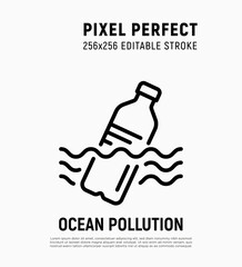 Ocean pollution, plastic bottle in the ocean thin line icon. Garbage in the water. Editable stroke. Vector illustration.
