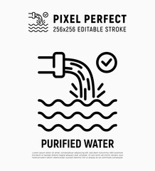 Purified water, water drain, sewage treatment thin line icon. Editable stroke. Vector illustration.