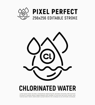 Chlorinated water, water purification, disinfection process thin line icon. Editable stroke. Vector illustration.