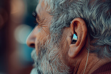 Close-up Ear Of A Man Wearing Hearing Aid And Listening For A Quiet Sound - obrazy, fototapety, plakaty