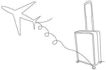 Luggage and airplane in continuous single line drawing of traveling outline vector illustration