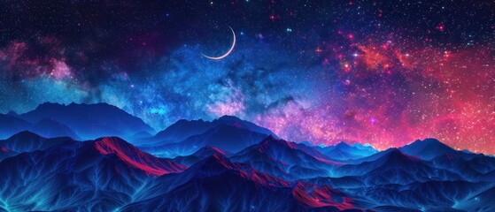 Obraz premium Mystical Mountain Landscape, Vibrant Digital Painting, A digital painting of a mountain landscape under a starry sky with a bright crescent moon, featuring vibrant colors.