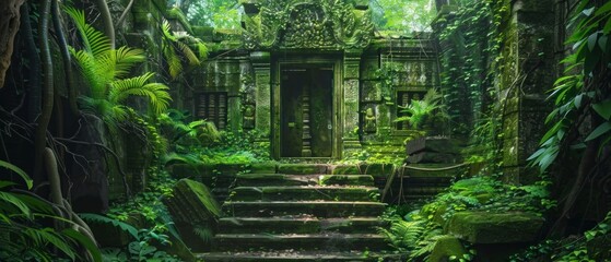 Mysterious Door in Lush Jungle Ruins, Atmospheric, ancient ruins overgrown with greenery and leading to a mysterious door in a photo-realistic jungle setting - obrazy, fototapety, plakaty