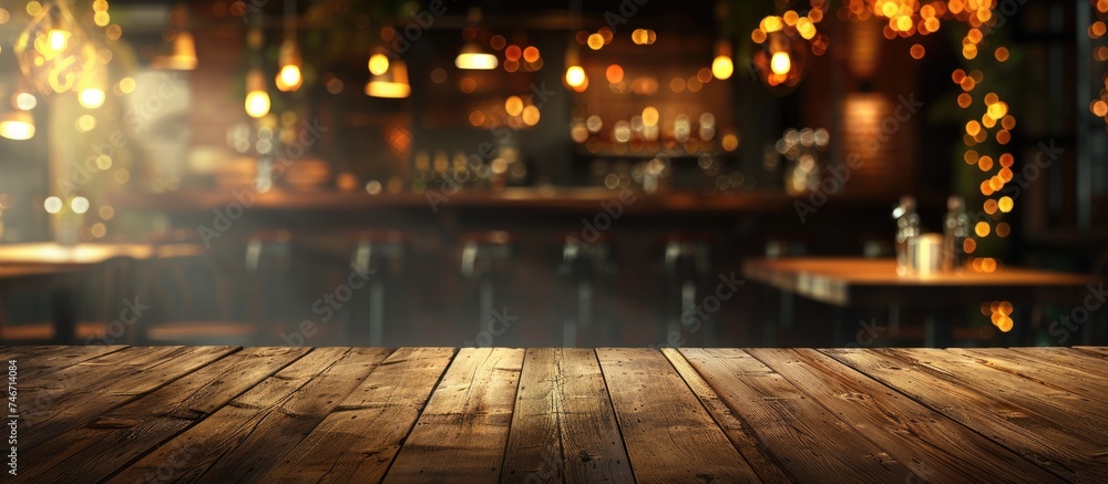 Poster a wooden table top is shown in the foreground, with blurry lights in the background that create a bo