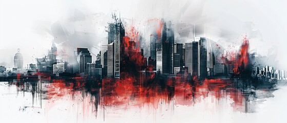Expressive Cityscape, Abstract Urban Skyline, Dynamic Red and Black, Modern Cityscape Illustration, Urban Skyline Painting