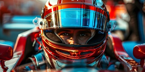 Closeup of racer in car with shiny helmet visor reflection centered professional photo copy space. Concept Professional Photography, Race Car Driver, Close-up Portrait, Shiny Helmet Visor, Copy Space