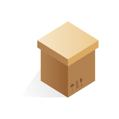 Isometric closed cardboard package, brown cube shoe box with lid vector illustration