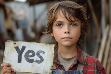 Contemplative young boy holding a 'Yes' sign. Portrait photography with decision-making concept and copy space - obrazy, fototapety, plakaty