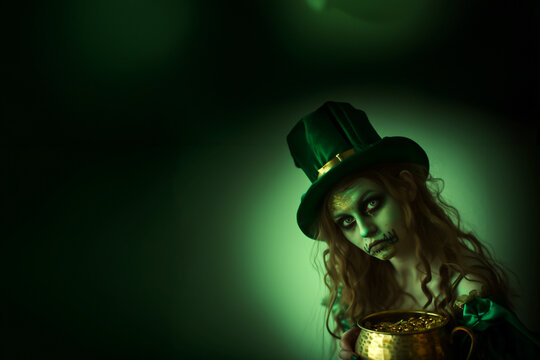 Leprechaun, femme farfadet zombi habill&eacute; de vert avec son chaudron tr&eacute;sor de pi&egrave;ces d'or, symbole de la St Patrick ou Patrice, 17 mars, symbole de chance, fond vert espace n&eacute;gatif pour texte copyspace