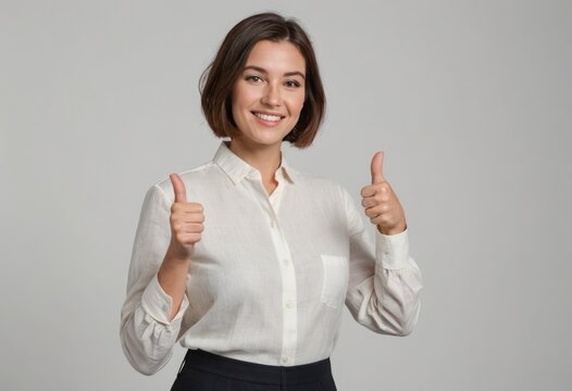 A confident woman in a formal shirt giving double thumbs up. Image portrays assurance and positivity.