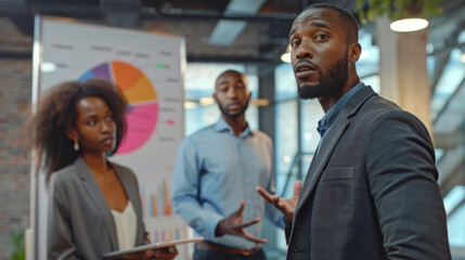Three professionals are discussing data and charts on a presentation board in a modern office setting.