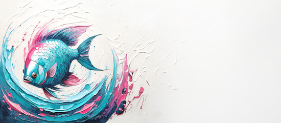 A turquoise pink fish was painted in Inpasto painting with a painting knife on a wedge wall. White background with curvy strokes as wave suggestion and splashes. Very thick paste. Copy Space. - obrazy, fototapety, plakaty