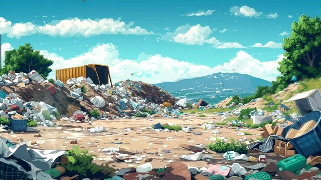 landfill overflowing with discarded waste, Seamless looping 4k video background animation