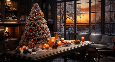 christmas background with christmas tree and lights near an fireplace, lively tableaus, rusticcore, present, tabletop photography - obrazy, fototapety, plakaty