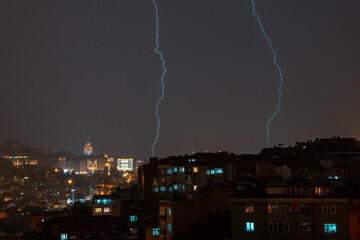 A powerful electric shock hits the city center with multiple lightning strikes near the Istanbul...
