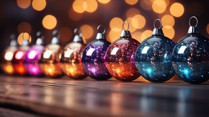 christmas ball shiny colorful ornaments hanging on string, in the style of vibrant stage backdrops, ultraviolet photography, aurorapunk - obrazy, fototapety, plakaty