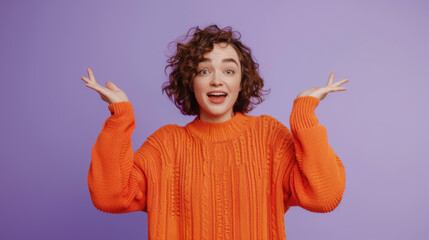A woman in an orange sweater is showing a highly animated expression of surprise with wide eyes and mouth open, hands raised in an expressive gesture.