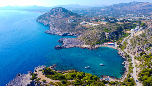 Ladiko beach and Anthony Quinn Bay aerial panoramic view in Rhodes island in Greece. Drone photography.