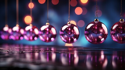 christmas balls hanging on strings on dark background, in the style of vibrant stage backdrops,  vibrant, neon colors, reflections, light purple, kitsch aesthetic