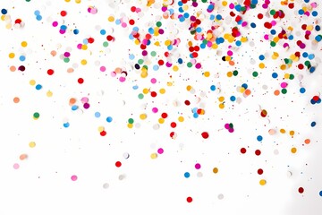 Vibrant confetti sprinkles enhance the elegance of a "Happy Birthday" message beautifully scripted on a pristine white background, captured with the realism of an HD camera