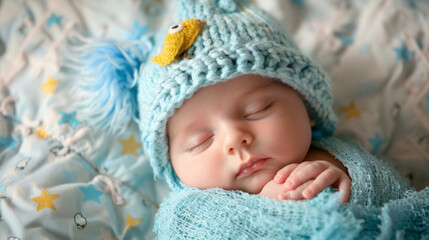 Fototapeta na wymiar serene newborn baby wrapped snugly in a blue textile, peacefully asleep, and wearing an adorable knitted hat, evoking a sense of warmth, comfort, and tender infancy.