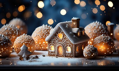 christmas gingerbread house on a bokeh bokeh background, in the style of realistic, light orange and light indigo, spectacular backdrops,luxurious wall hangings, architectural precision, christcore - obrazy, fototapety, plakaty