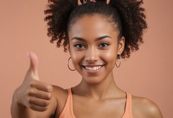 A smiling woman with curly hair shows a thumbs up. Her expression is radiant and lively. - obrazy, fototapety, plakaty
