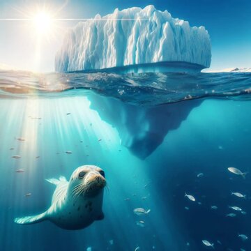 Animated image shows an iceberg floating in the water. Perspective of an underwater camera. A seal and schools of fish swim. Moving waves and 3 D effect.
