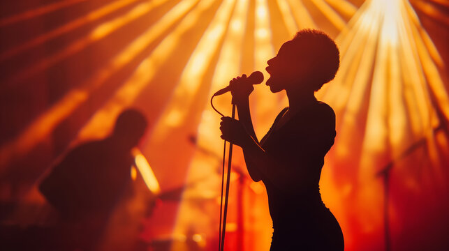 Silhouette of a jazz singer performing at a concert with orange light show
