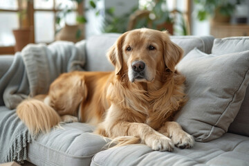 Favorite pet dog lies on the sofa in the living room. Difficulties of keeping a dog in the house.