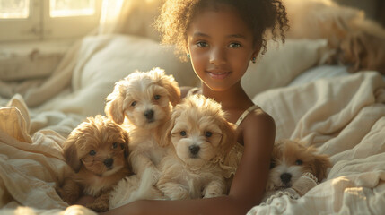 A little cute dark-skinned girl is sitting on the sofa in the living room and holding puppies in her hands.