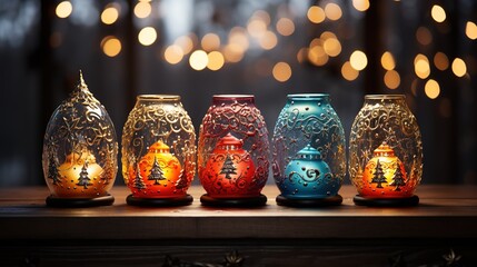 christmas lanterns on wooden table and christmas tree, in the style of spectacular backdrops, colorful whimsy, luminous pointillism, colourful, night photography