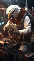 A mechanic robot with an eagle head, skillfully repairing vehicles with precision and a keen eye., cinematic style - obrazy, fototapety, plakaty