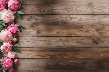 bordure de pivoines roses sur un fond en bois clair.  Espace négatif pour texte copyspace. Fête des mères, des grand-mères, fleuriste