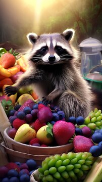 Naklejki A curious raccoon peeks out from a vibrant selection of fresh fruits under a sunlit backdrop, evoking a sense of natural abundance.