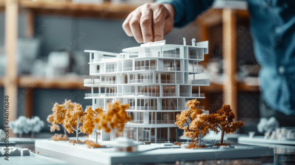 Poster detailed architectural model of a multi-story building with a person's hand adjusting or pointing to