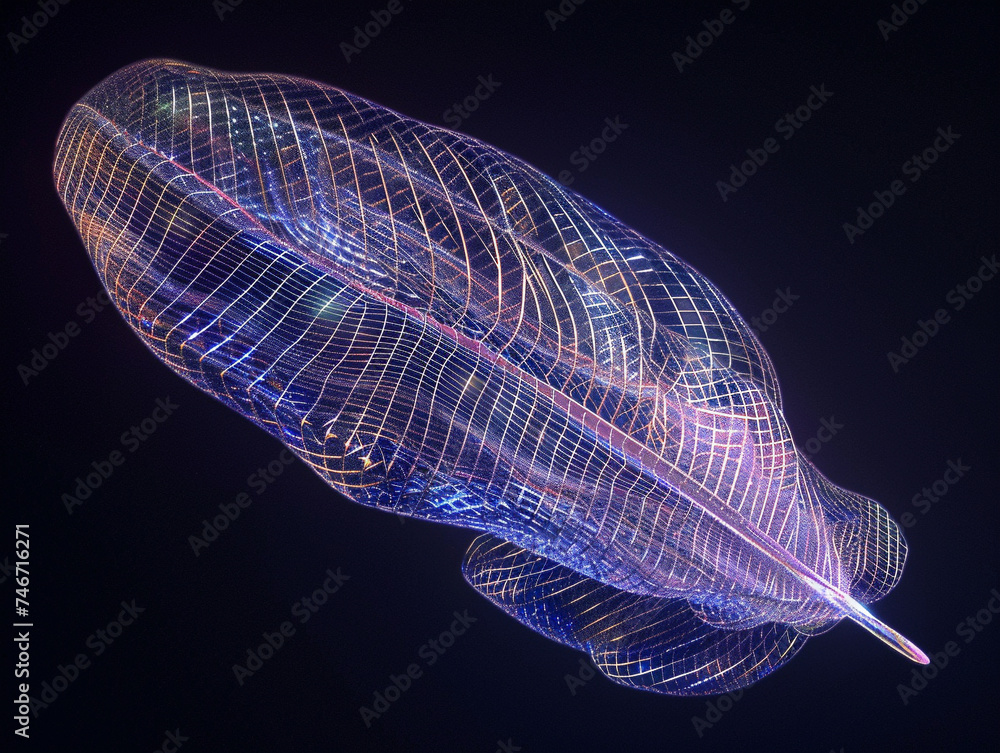 Poster 3d render of a floating wireframe feather with a holographic shimmer