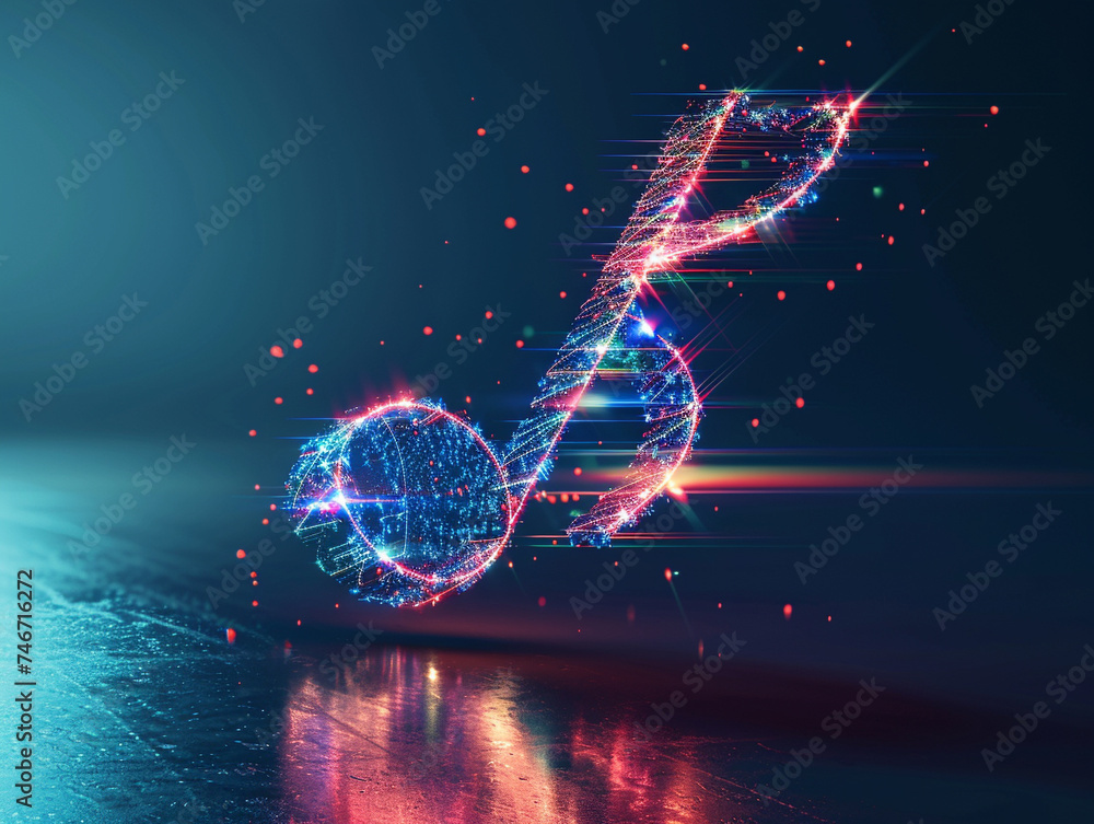 Poster 3d render of a floating wireframe musical note with a symphony of colors
