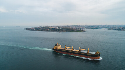 Aerial view of Cargo Ship, Istanbul Bopshorus and Historical Peninsula